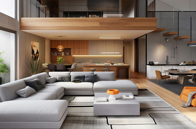 Modern drawing room interior with sofa, coffee table, and wall decor